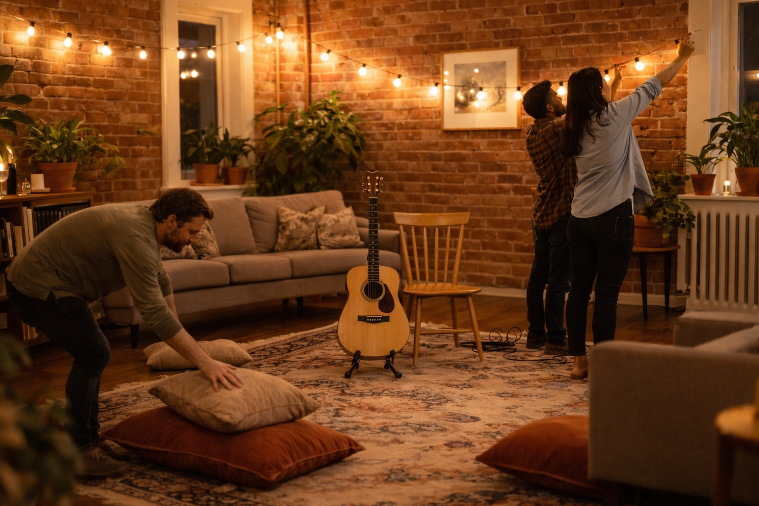 Hosts setting up a space for a concert